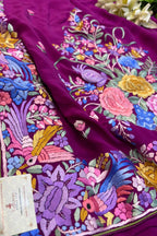 Exquisite Purple Hand Embroidered Parsi Gara Crepe Flower Design Saree - Luxurion World