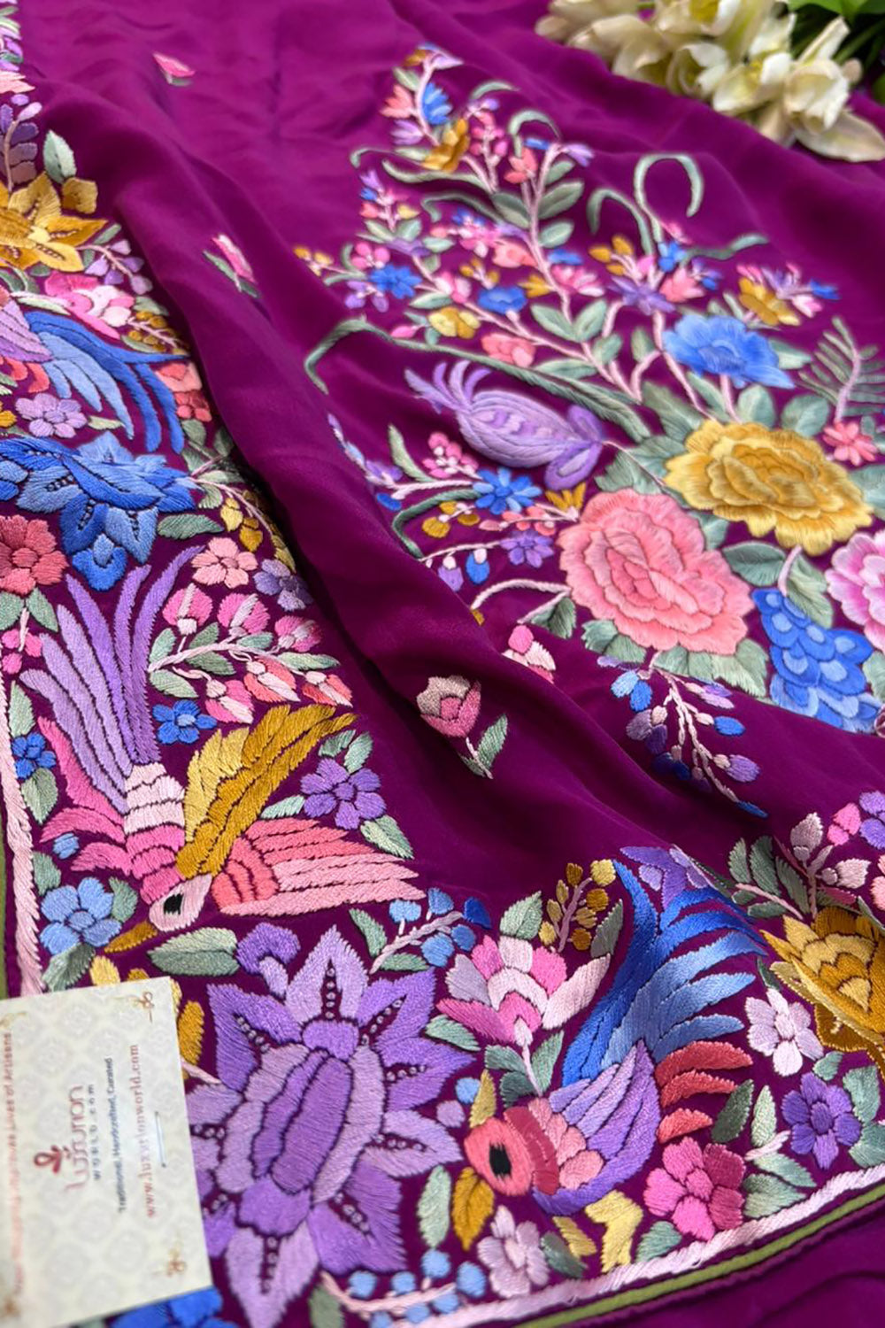 Exquisite Purple Hand Embroidered Parsi Gara Crepe Flower Design Saree - Luxurion World