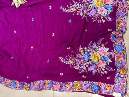 Exquisite Purple Hand Embroidered Parsi Gara Crepe Flower Design Saree - Luxurion World