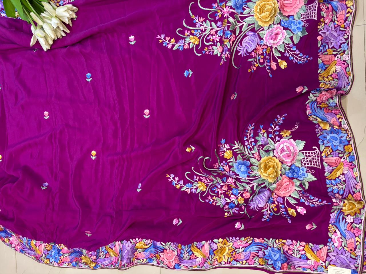 Exquisite Purple Hand Embroidered Parsi Gara Crepe Flower Design Saree - Luxurion World