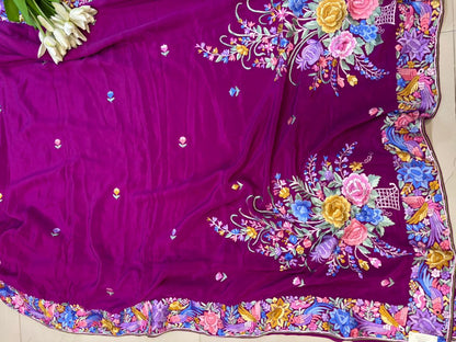 Exquisite Purple Hand Embroidered Parsi Gara Crepe Flower Design Saree - Luxurion World