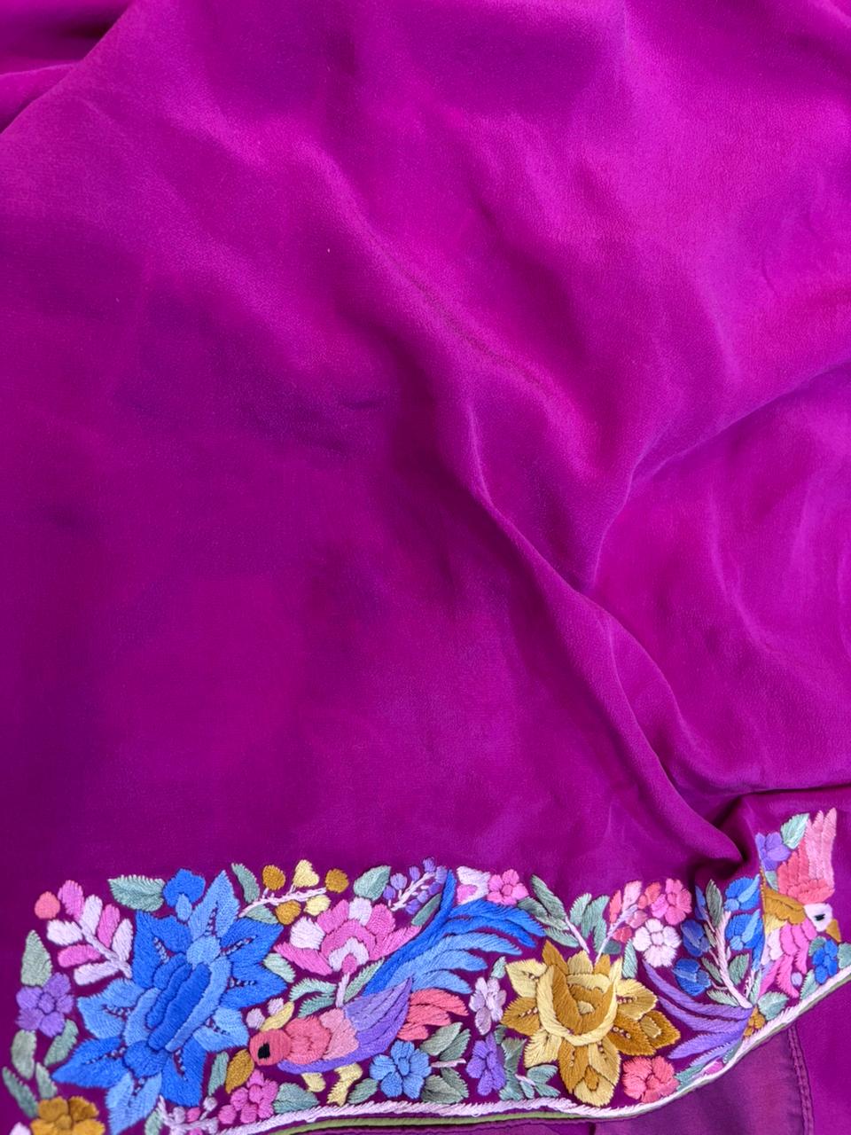 Exquisite Purple Hand Embroidered Parsi Gara Crepe Flower Design Saree - Luxurion World