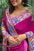 Exquisite Purple Hand Embroidered Parsi Gara Crepe Flower Design Saree - Luxurion World