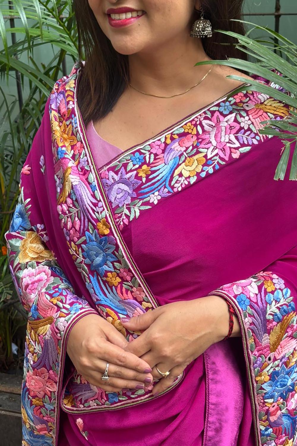 Exquisite Purple Hand Embroidered Parsi Gara Crepe Flower Design Saree - Luxurion World