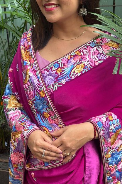 Exquisite Purple Hand Embroidered Parsi Gara Crepe Flower Design Saree - Luxurion World