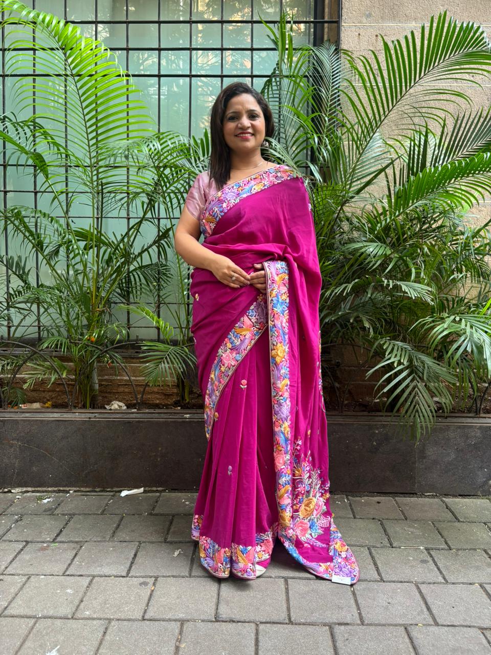 Exquisite Purple Hand Embroidered Parsi Gara Crepe Flower Design Saree - Luxurion World