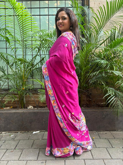 Exquisite Purple Hand Embroidered Parsi Gara Crepe Flower Design Saree - Luxurion World