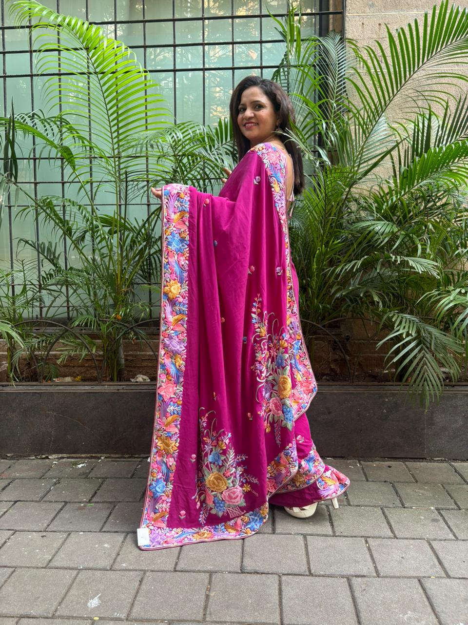 Exquisite Purple Hand Embroidered Parsi Gara Crepe Flower Design Saree - Luxurion World