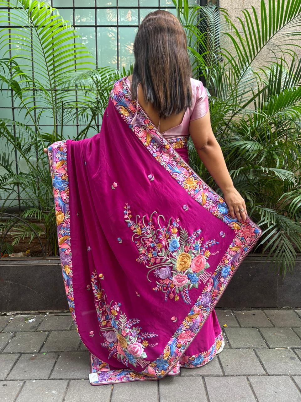 Exquisite Purple Hand Embroidered Parsi Gara Crepe Flower Design Saree - Luxurion World