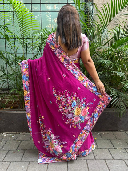 Exquisite Purple Hand Embroidered Parsi Gara Crepe Flower Design Saree - Luxurion World