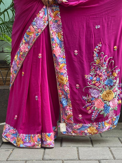 Exquisite Purple Hand Embroidered Parsi Gara Crepe Flower Design Saree - Luxurion World