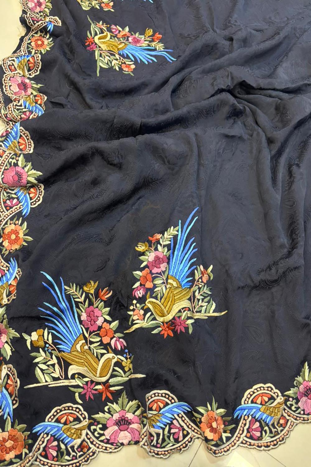 Exquisite Black Hand Embroidered Parsi Gara Crepe Flower And Bird Design Saree - Luxurion World