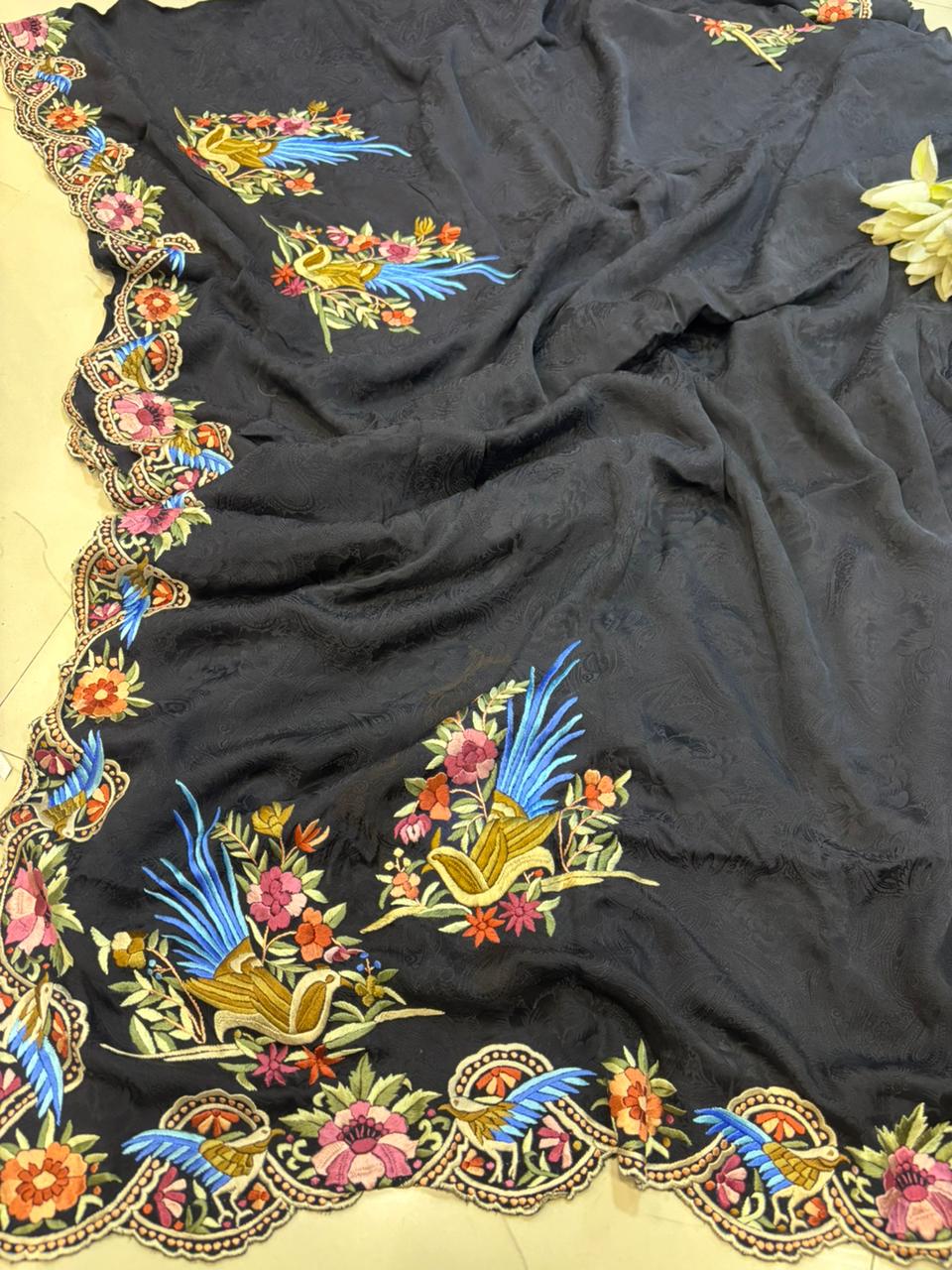 Exquisite Black Hand Embroidered Parsi Gara Crepe Flower And Bird Design Saree - Luxurion World