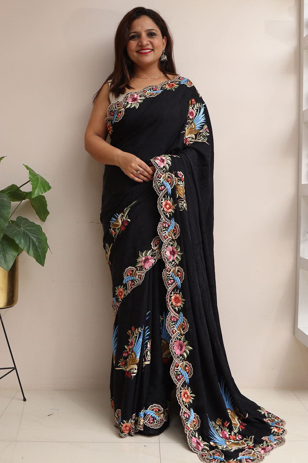 Exquisite Black Hand Embroidered Parsi Gara Crepe Flower And Bird Design Saree - Luxurion World