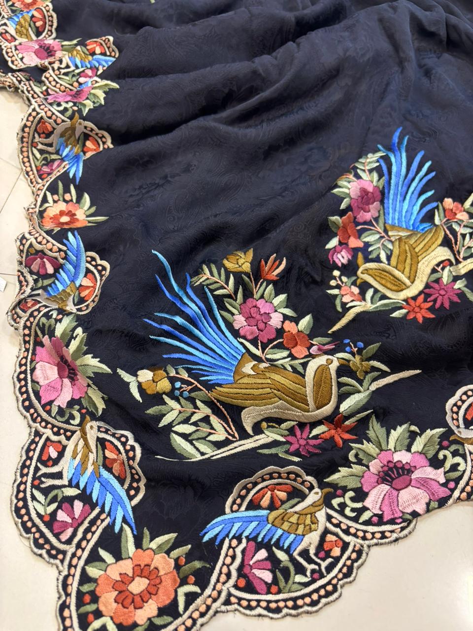 Exquisite Black Hand Embroidered Parsi Gara Crepe Flower And Bird Design Saree - Luxurion World