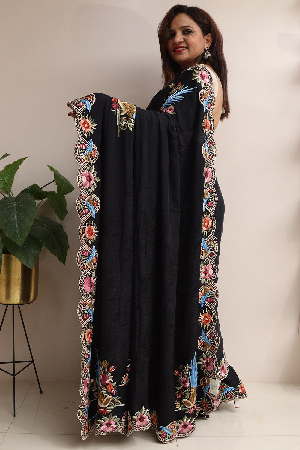 Exquisite Black Hand Embroidered Parsi Gara Crepe Flower And Bird Design Saree - Luxurion World