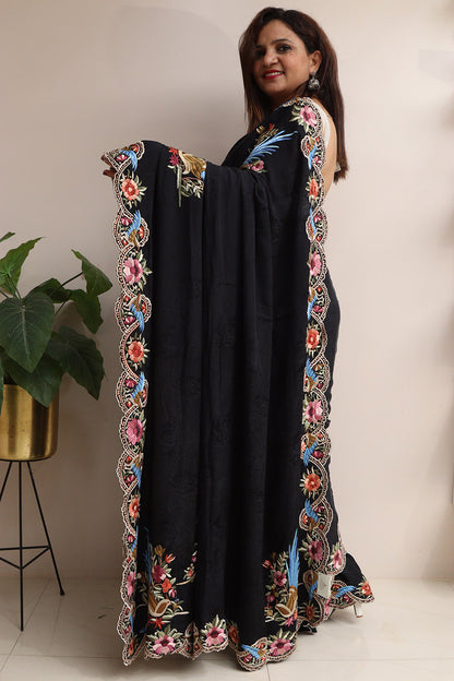 Exquisite Black Hand Embroidered Parsi Gara Crepe Flower And Bird Design Saree - Luxurion World