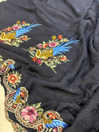 Exquisite Black Hand Embroidered Parsi Gara Crepe Flower And Bird Design Saree - Luxurion World