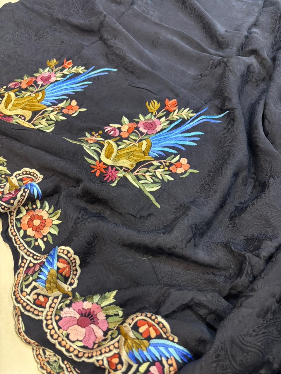 Exquisite Black Hand Embroidered Parsi Gara Crepe Flower And Bird Design Saree - Luxurion World