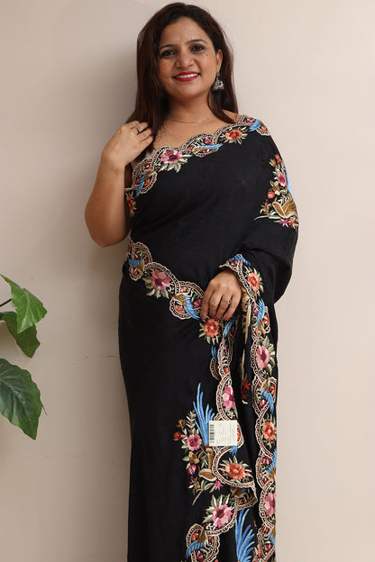 Exquisite Black Hand Embroidered Parsi Gara Crepe Flower And Bird Design Saree - Luxurion World
