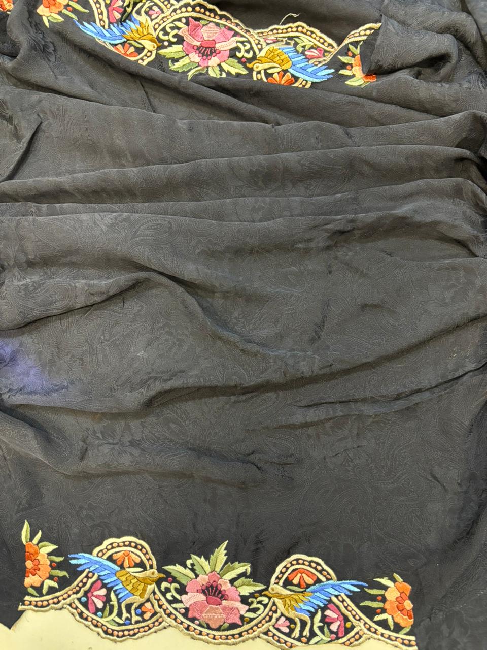 Exquisite Black Hand Embroidered Parsi Gara Crepe Flower And Bird Design Saree - Luxurion World