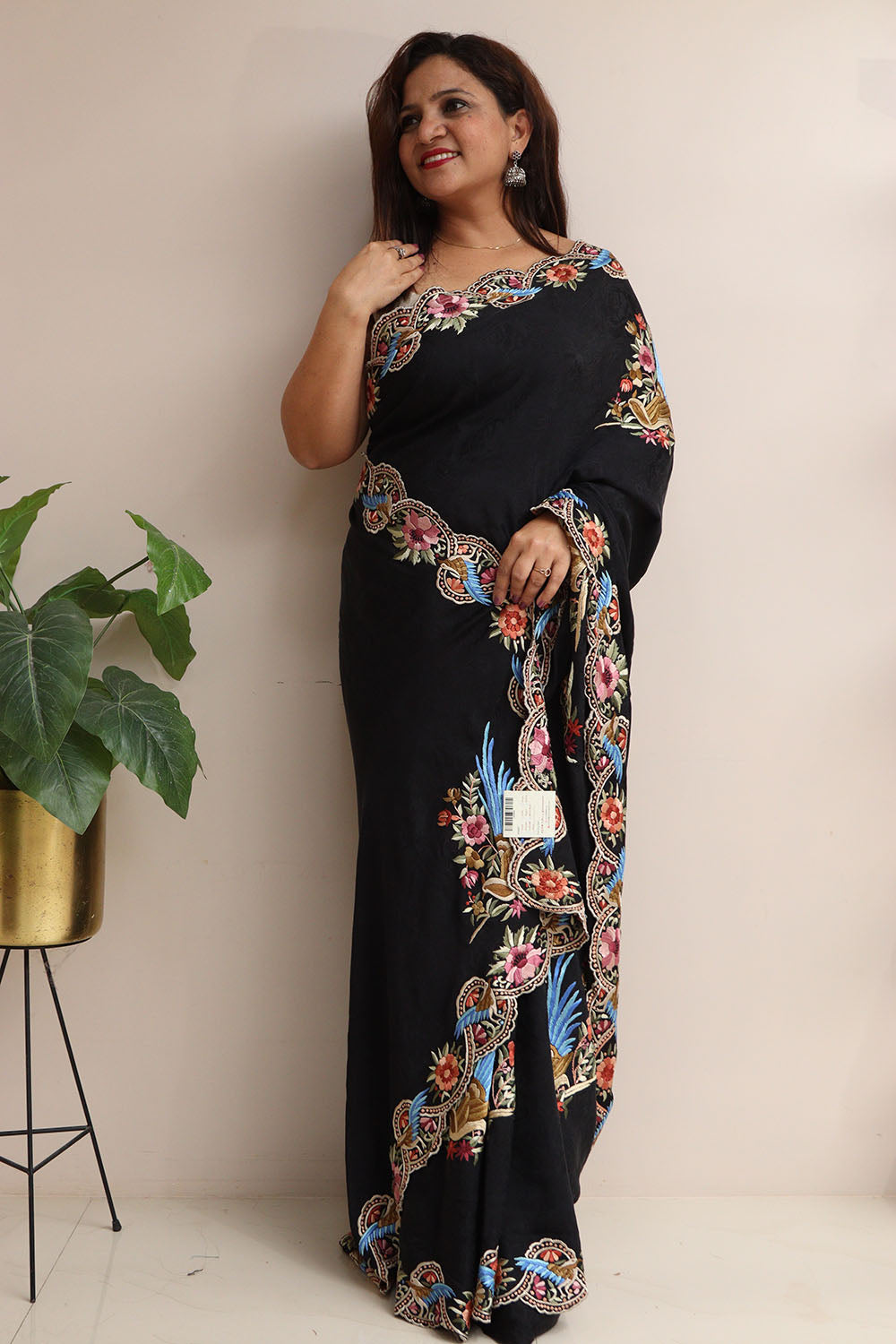 Exquisite Black Hand Embroidered Parsi Gara Crepe Flower And Bird Design Saree - Luxurion World