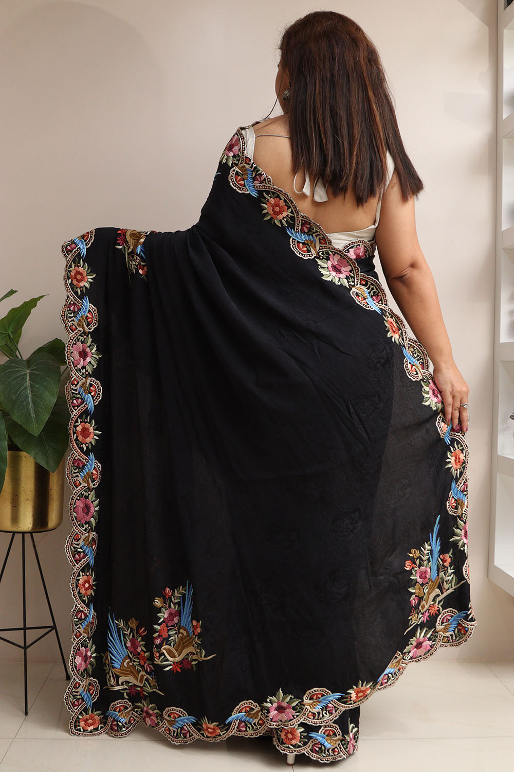 Exquisite Black Hand Embroidered Parsi Gara Crepe Flower And Bird Design Saree - Luxurion World