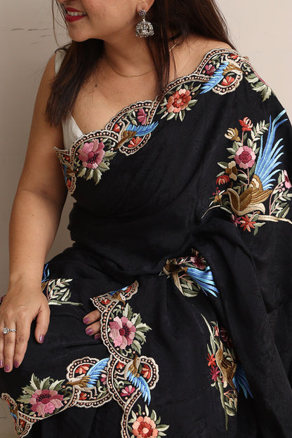 Exquisite Black Hand Embroidered Parsi Gara Crepe Flower And Bird Design Saree - Luxurion World