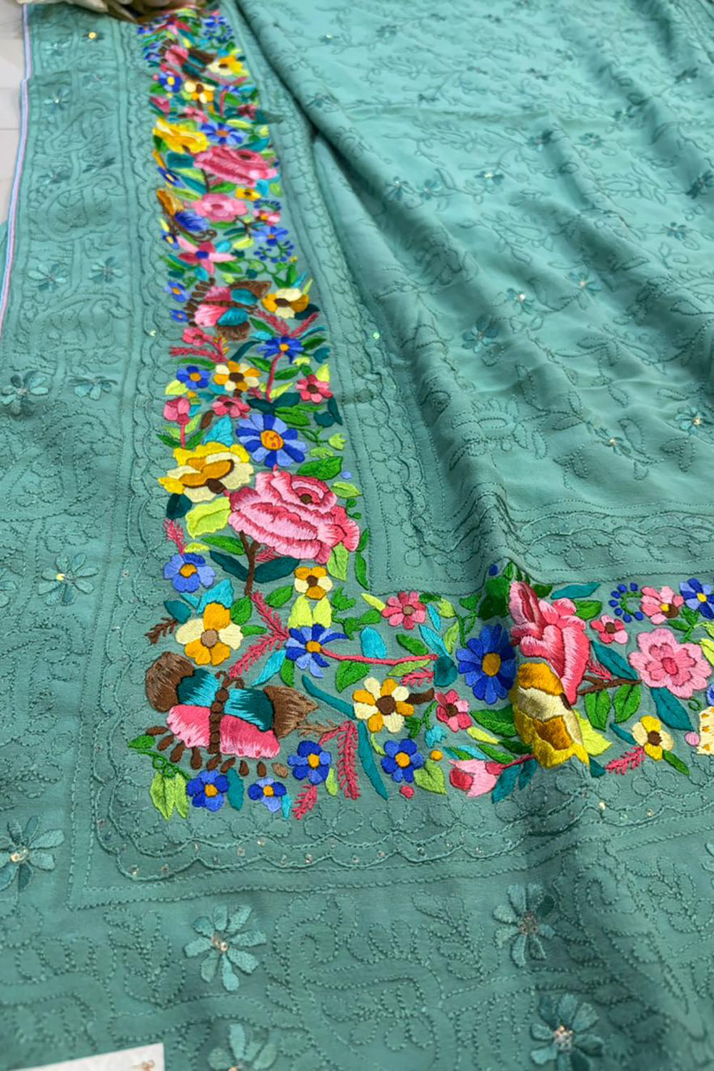 Exquisite Green Hand Embroidered Parsi Gara Georgette Flower Design Saree - Luxurion World