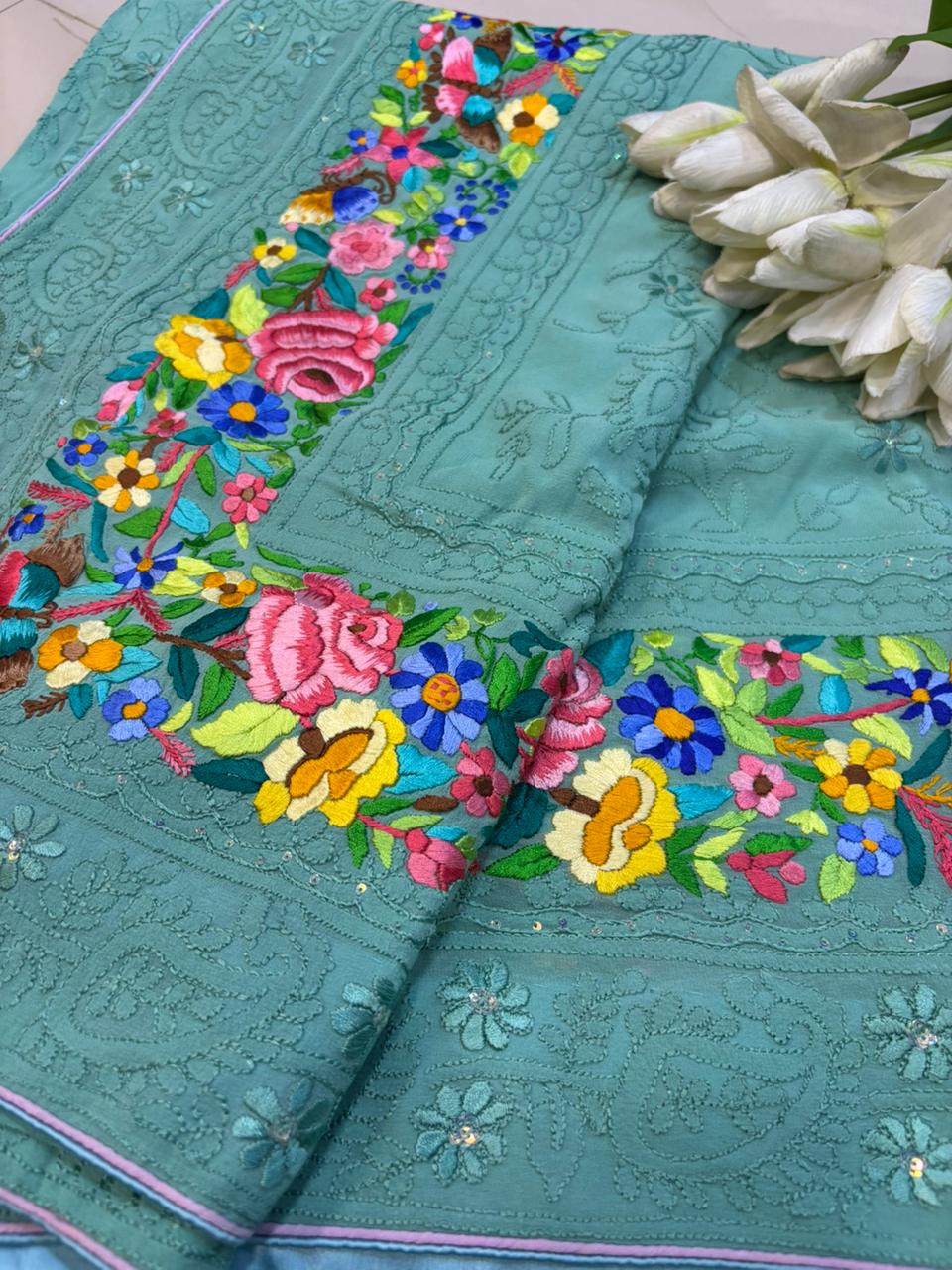 Exquisite Green Hand Embroidered Parsi Gara Georgette Flower Design Saree - Luxurion World