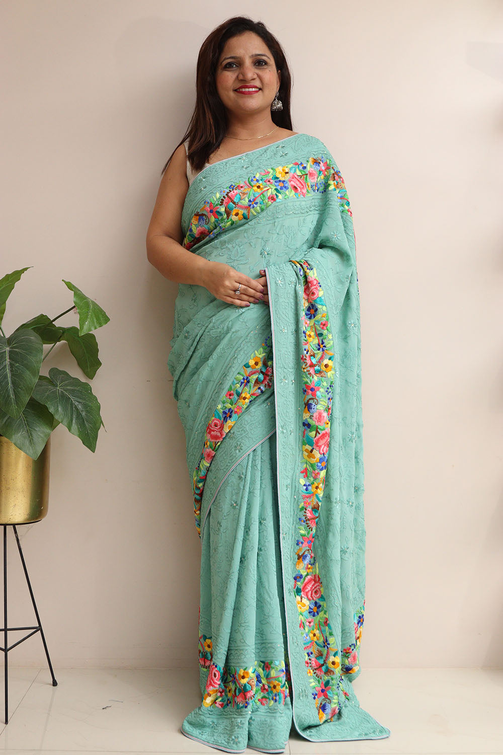 Exquisite Green Hand Embroidered Parsi Gara Georgette Flower Design Saree - Luxurion World