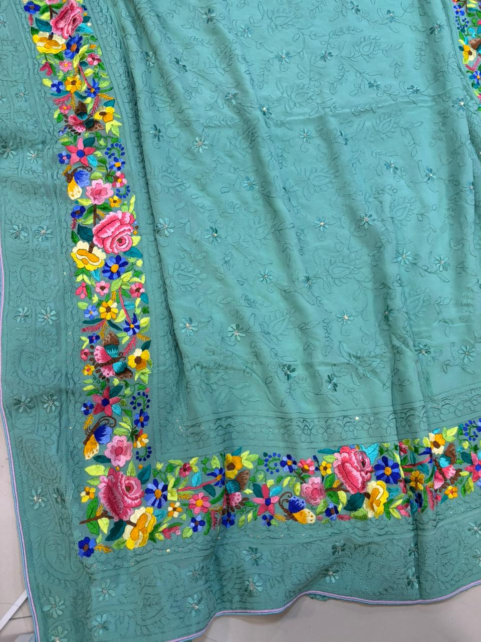 Exquisite Green Hand Embroidered Parsi Gara Georgette Flower Design Saree - Luxurion World