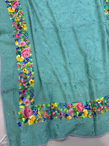 Exquisite Green Hand Embroidered Parsi Gara Georgette Flower Design Saree - Luxurion World