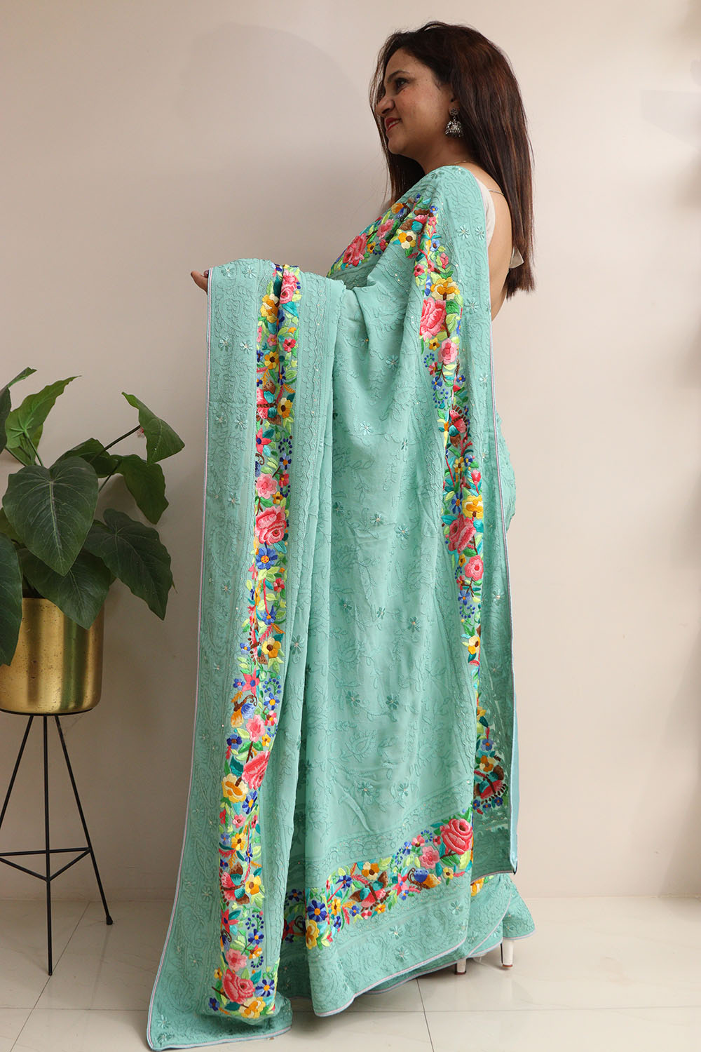 Exquisite Green Hand Embroidered Parsi Gara Georgette Flower Design Saree - Luxurion World
