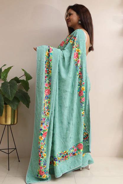 Exquisite Green Hand Embroidered Parsi Gara Georgette Flower Design Saree - Luxurion World