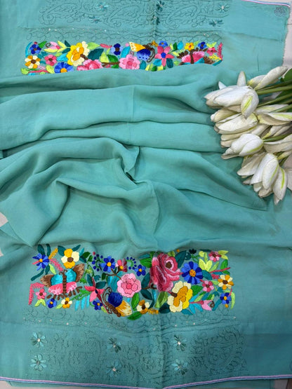 Exquisite Green Hand Embroidered Parsi Gara Georgette Flower Design Saree - Luxurion World