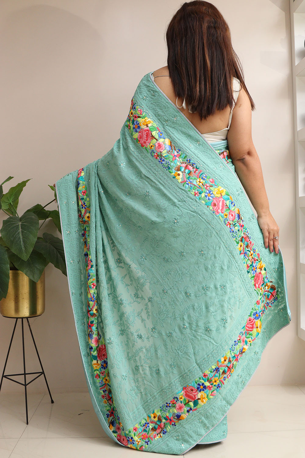 Exquisite Green Hand Embroidered Parsi Gara Georgette Flower Design Saree - Luxurion World