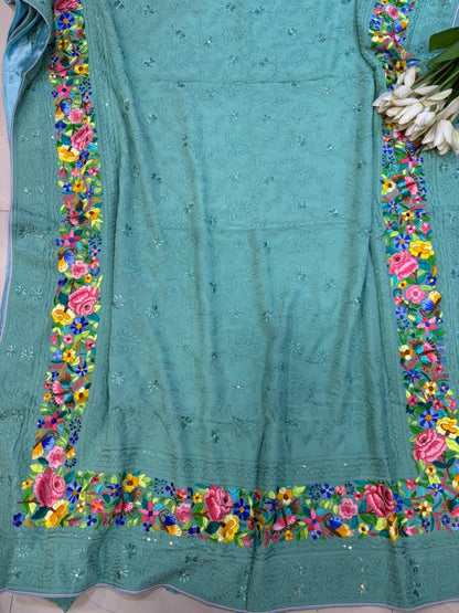 Exquisite Green Hand Embroidered Parsi Gara Georgette Flower Design Saree - Luxurion World