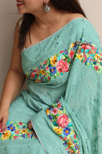 Exquisite Green Hand Embroidered Parsi Gara Georgette Flower Design Saree - Luxurion World