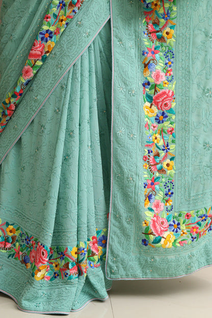 Exquisite Green Hand Embroidered Parsi Gara Georgette Flower Design Saree - Luxurion World