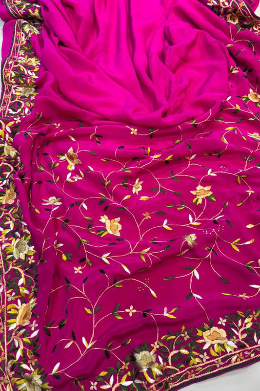 Pink Hand Embroidered Parsi Gara Crepe Flower Design Saree - Luxurion World