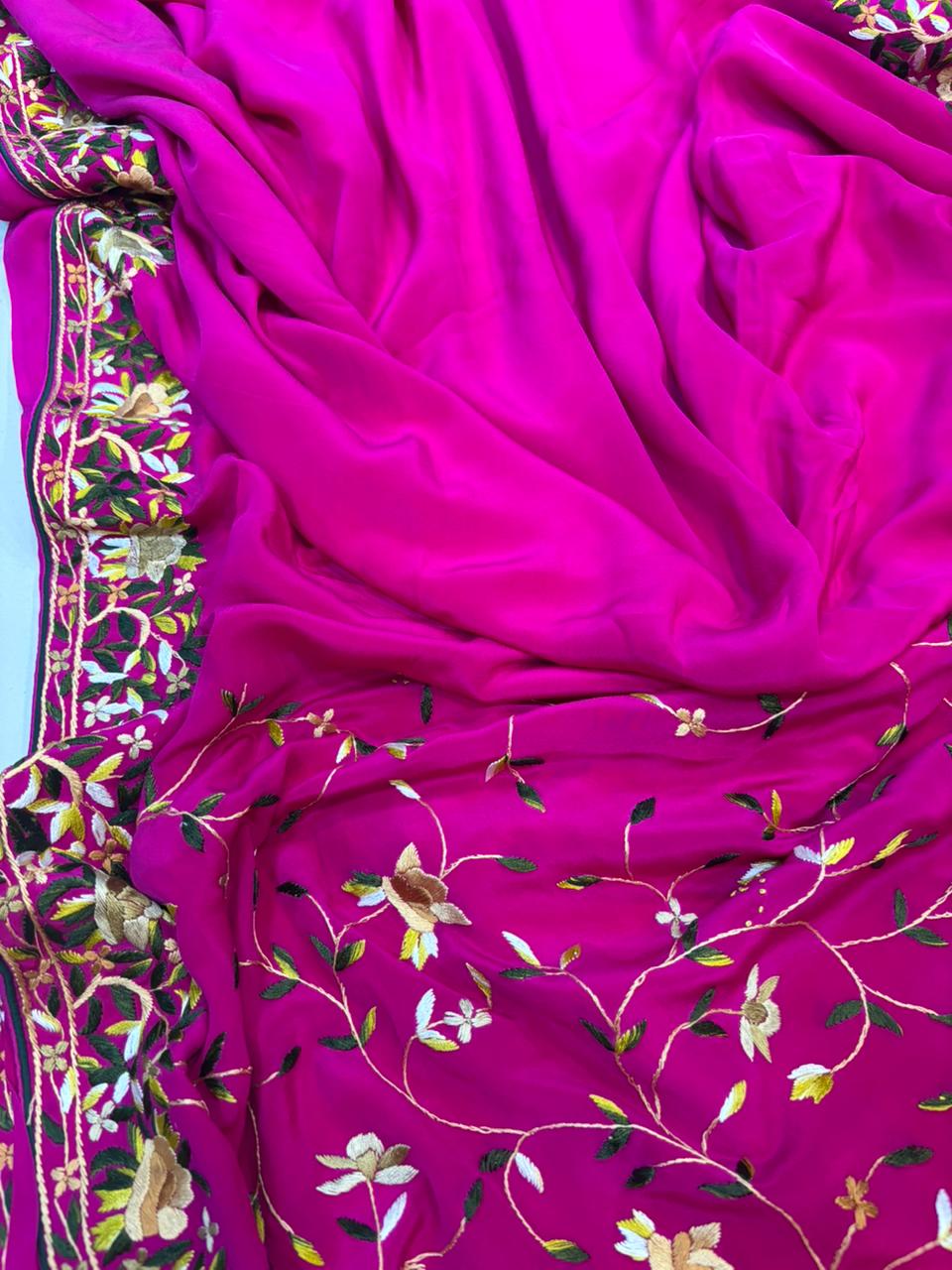 Pink Hand Embroidered Parsi Gara Crepe Flower Design Saree - Luxurion World