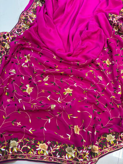 Pink Hand Embroidered Parsi Gara Crepe Flower Design Saree - Luxurion World