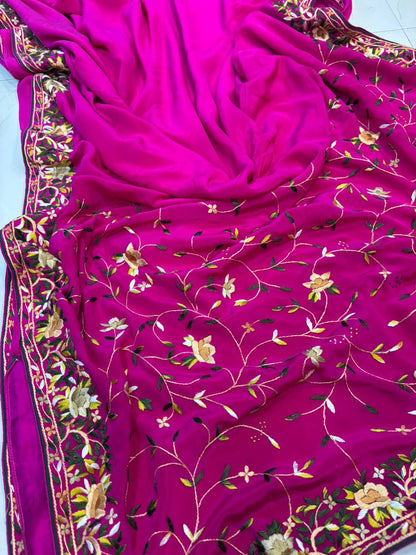 Pink Hand Embroidered Parsi Gara Crepe Flower Design Saree - Luxurion World