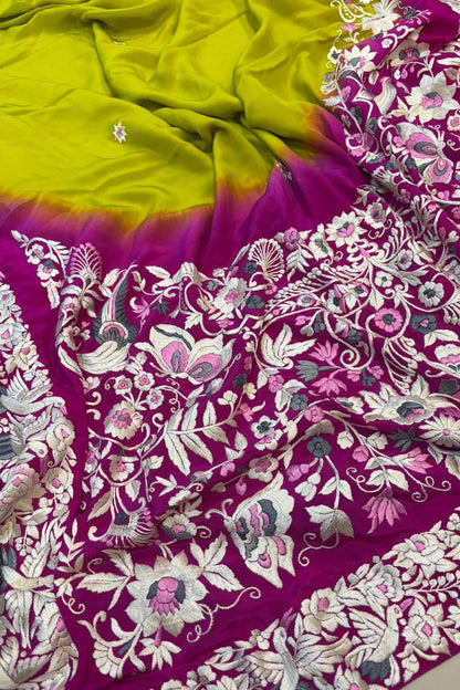 Pink And Green Shaded Hand Embroidered Parsi Gara Crepe Flower Design Saree - Luxurion World