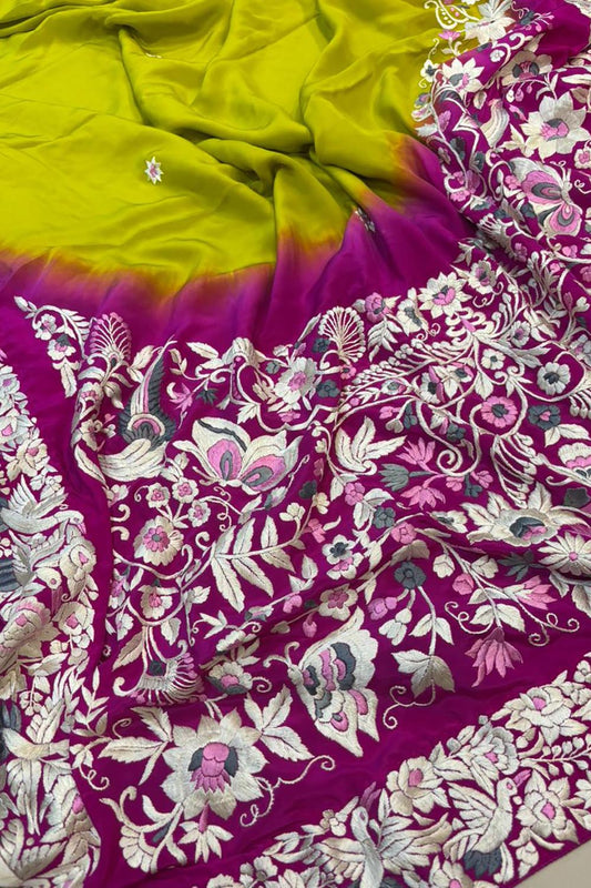 Pink And Green Shaded Hand Embroidered Parsi Gara Crepe Flower Design Saree - Luxurion World