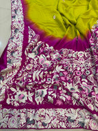 Pink And Green Shaded Hand Embroidered Parsi Gara Crepe Flower Design Saree - Luxurion World