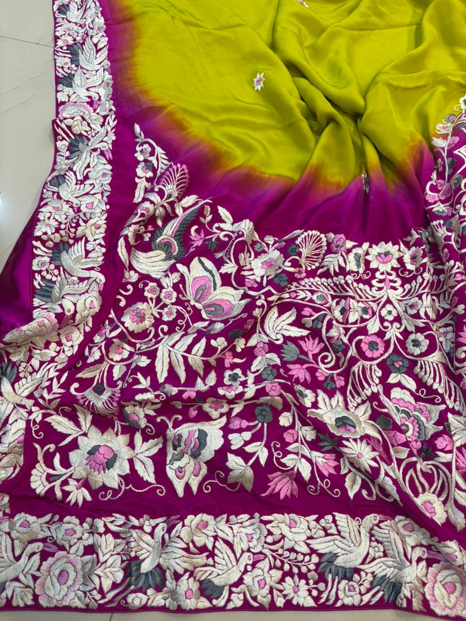 Pink And Green Shaded Hand Embroidered Parsi Gara Crepe Flower Design Saree - Luxurion World