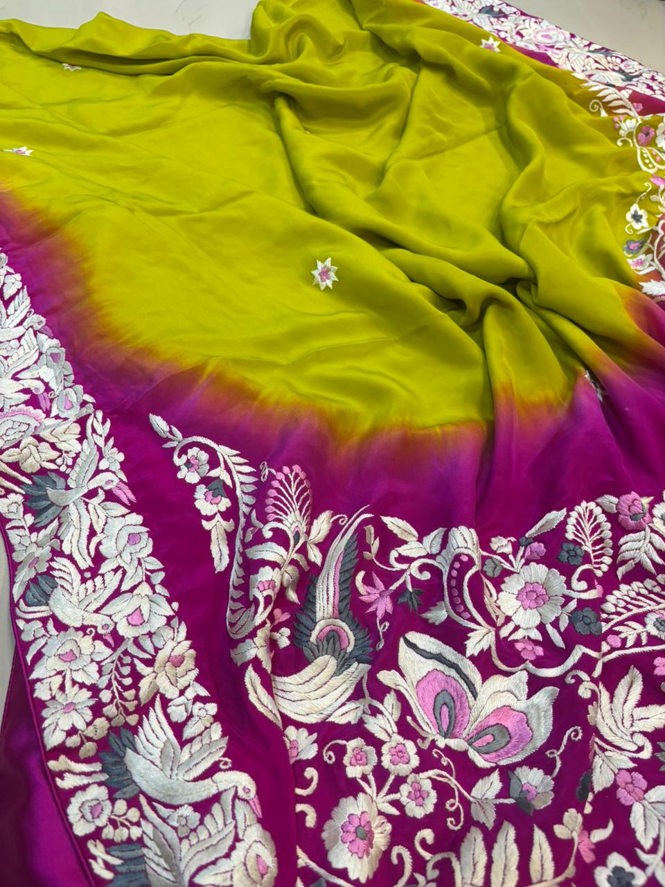 Pink And Green Shaded Hand Embroidered Parsi Gara Crepe Flower Design Saree - Luxurion World
