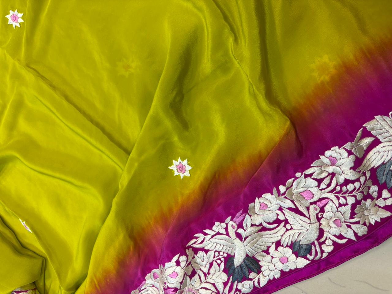 Pink And Green Shaded Hand Embroidered Parsi Gara Crepe Flower Design Saree - Luxurion World